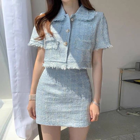 HELLO Elegant Vintage Two Piece Set Tassel Top with Mini Skirt